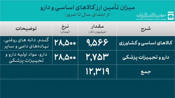 تامین ۱۲.۳ میلیارد دلار ارز برای واردات کالاهای اساسی و دارو